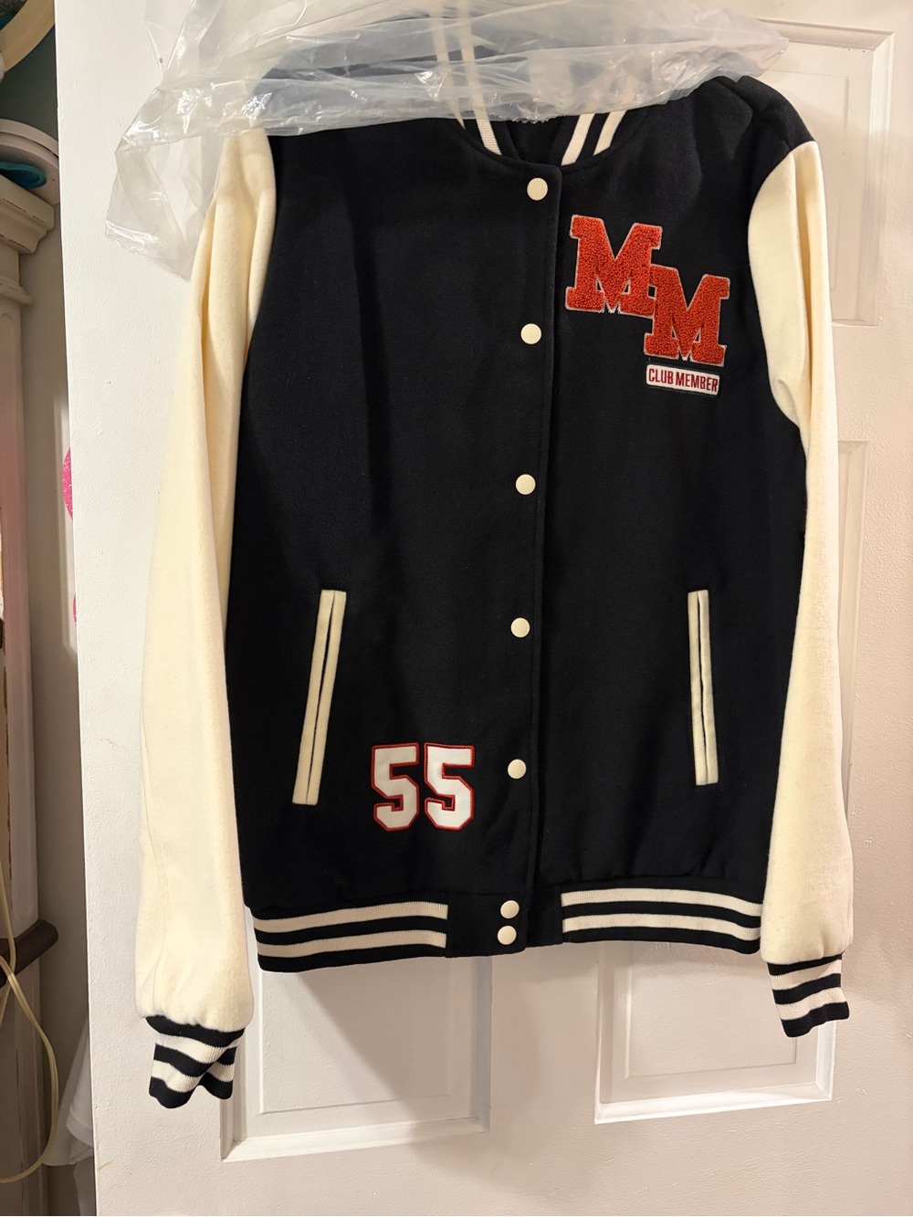 Mickey Mouse Clubhouse Black & Cream Varsity Jacket with Red Patch Details